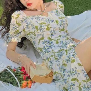 Puff-sleeve Halter Slit Midi A-line Dress
