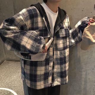 Hooded Plaid Buttoned Jacket As Shown In Figure - One Size