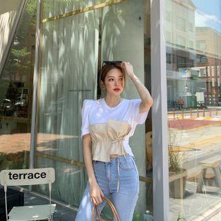 Drawstring Contrast-panel Crop T-shirt