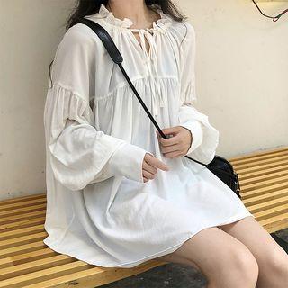 Long-sleeve Frill-trim Top White - One Size