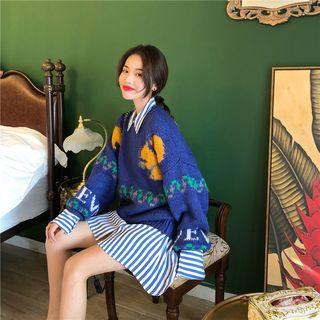 Striped Long-sleeve Loose-fit Shirt / Cartoon Sweater