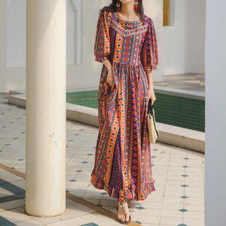 Elbow-sleeve Patterned Midi A-line Dress / Headpiece / Drop Earring / Set