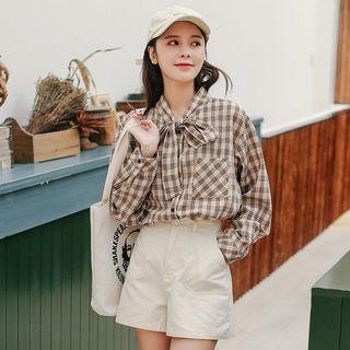Long-sleeve Plain Bow Shirt As Shown In Figure - One Size