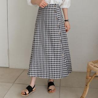 Band-waist Gingham Maxi Skirt