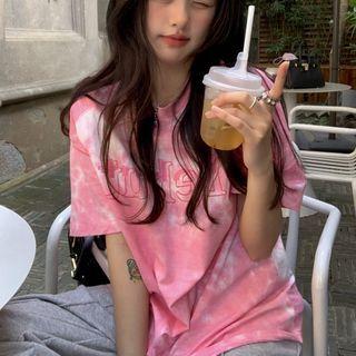 Short-sleeve Tie-dyed Lettering T-shirt Pink - One Size