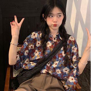 Elbow-sleeve Floral Hawaiian Shirt Blue - One Size