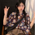 Elbow-sleeve Floral Hawaiian Shirt Blue - One Size