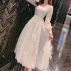 Puff-sleeve Faux Pearl Accent A-line Maxi Dress