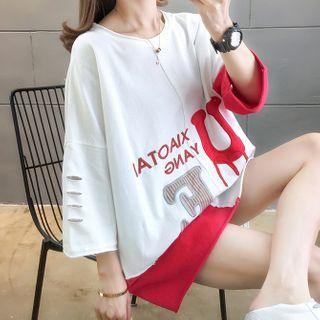 Oversize Elbow-sleeve Color Panel Lettering T-shirt
