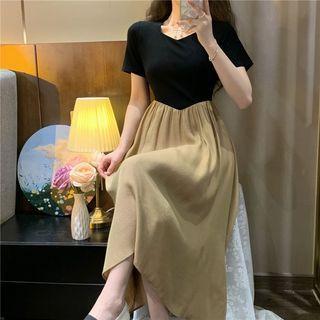 Short-sleeve Two-tone Maxi A-line Dress