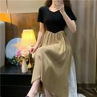 Short-sleeve Two-tone Maxi A-line Dress