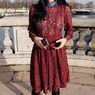 Long-sleeved Tie-back Plain Lace Long Sheath Dress