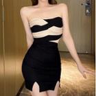 Strapless Two-tone Mini Sheath Dress / Plain Cardigan