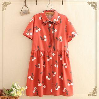 Bow-neck Cherry Print Short-sleeve Dress