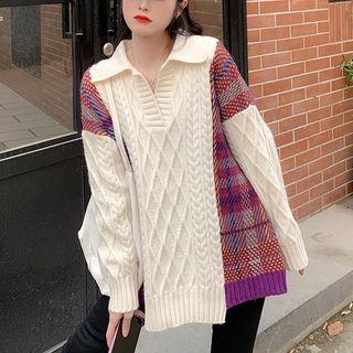 Plaid Panel Cable Knit Polo Shirt