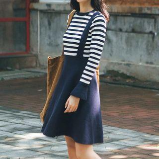 Mock Two-piece Long-sleeve Striped Panel A-line Dress Blue - One Size