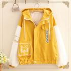 Cat Embroidered Color-block Hooded Jacket
