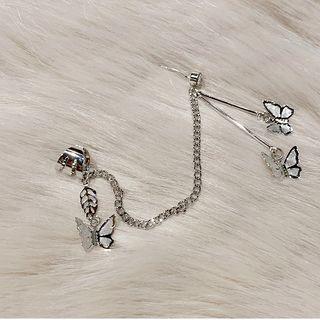 Butterfly Chained Earring 1pc - Silver - One Size