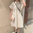 Short-sleeve Loose Fit Plain Shirt Dress Light Khaki - One Size