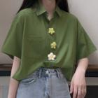 Pocket Detail Short-sleeve Blouse With Flower - Green - One Size