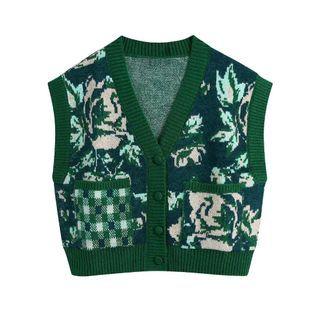 Floral Pattern Button-up Sweater Vest