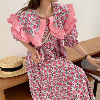 Floral Ruffle A-line Dress Pink - One Size