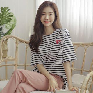 Dog-embroidered Stripe T-shirt