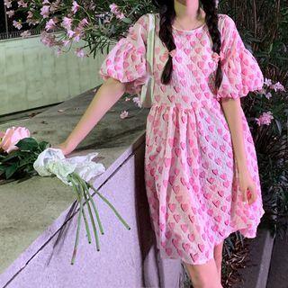 Puff-sleeve Heart Print Mini A-line Dress Pink - One Size