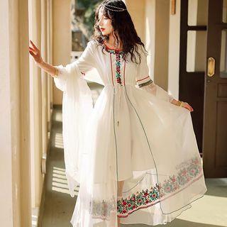 Long-sleeve Embroidered Chiffon A-line Sundress