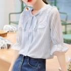 Short-sleeve Striped Tie-neck Chiffon Blouse