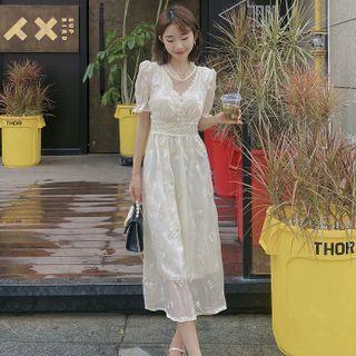 Puff-sleeve V-neck Lace Panel Embroidered Floral Chiffon Dress