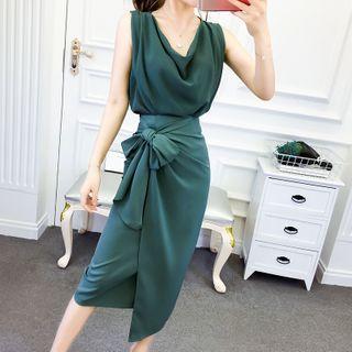 Set: Sleeveless Blouse + Wrap Midi Straight-fit Skirt
