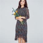 Ruffled-hem Floral-pattern Chiffon Dress