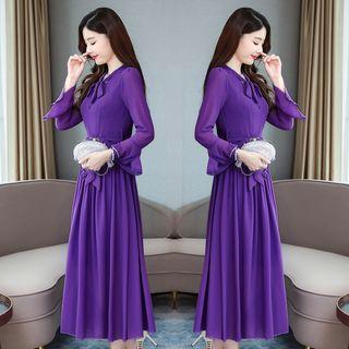 Tie-neck Flared-sleeve Chiffon Midi A-line Dress