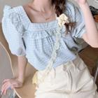 Puff Sleeve Square Neck Check Blouse