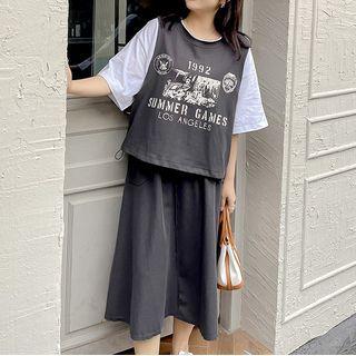 Set: Elbow-sleeve Paneled T-shirt + Midi A-line Skirt