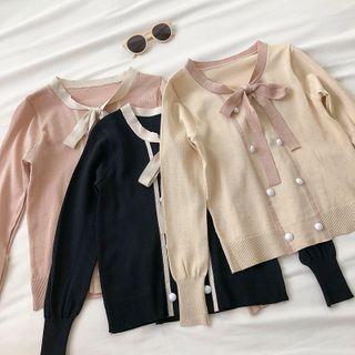 Color-block Trim Lace-up Long-sleeve Knit Top
