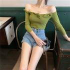 Long-sleeve Off-shoulder Bow Accent Top Olive Green - One Size