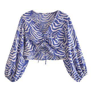 Balloon-sleeve Patterned Drawstring Blouse