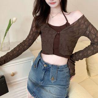 Halter-neck Crop Top / Embroidered Crop Cardigan