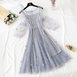 Set: Slipdress + Sequined Puff-sleeve Mesh A-line Dress