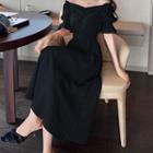 Short-sleeve Off-shoulder Shirred Midi A-line Dress