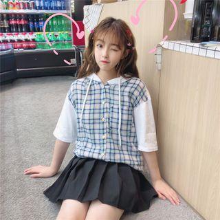 Plaid Hooded Elbow-sleeve Top / High Waist Pleated Skirt