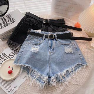 High-waist Frayed Washed Denim Shorts
