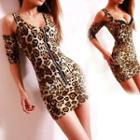 Leopard Print Cold-shoulder Bodycon Dress Leopard - One Size