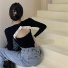 Long-sleeve Open-back Slim-fit Top Black - One Size