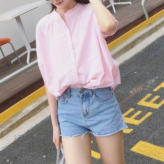 Striped Stand Collar Elbow-sleeve Shirt