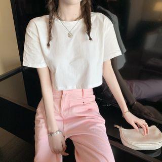 Short-sleeve Plain Cropped T-shirt / High-waist Wide-leg Jeans