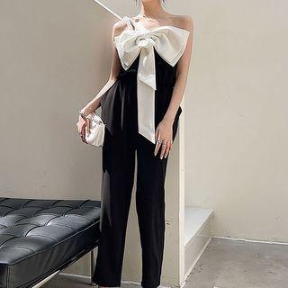 Sleeveless Ribbon Straight Leg Jumpsuit