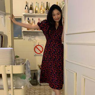 Cherry Pattern Surplice-wrap Dress